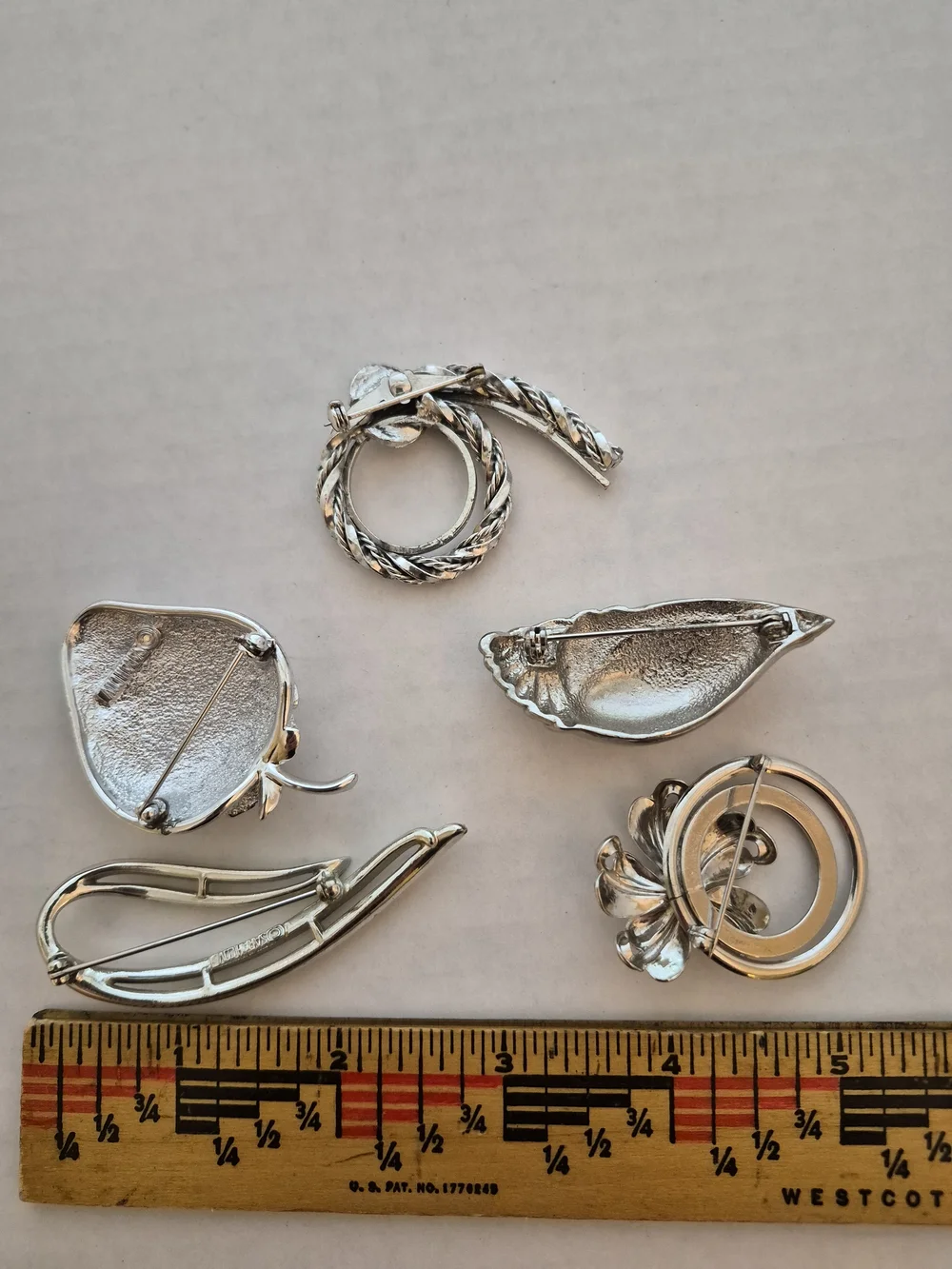 Vintage Silver-Metallic Brooch Lot - Strawberry, Shell and Abstract Designs